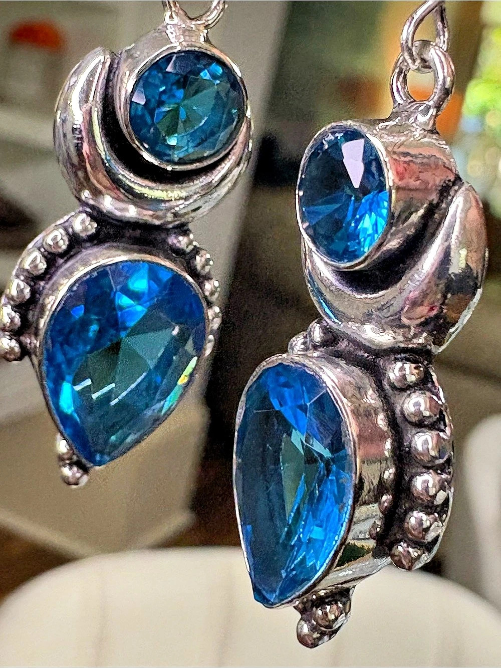 Blue topaz& 
925 Silver Drop Earrings  New handmade